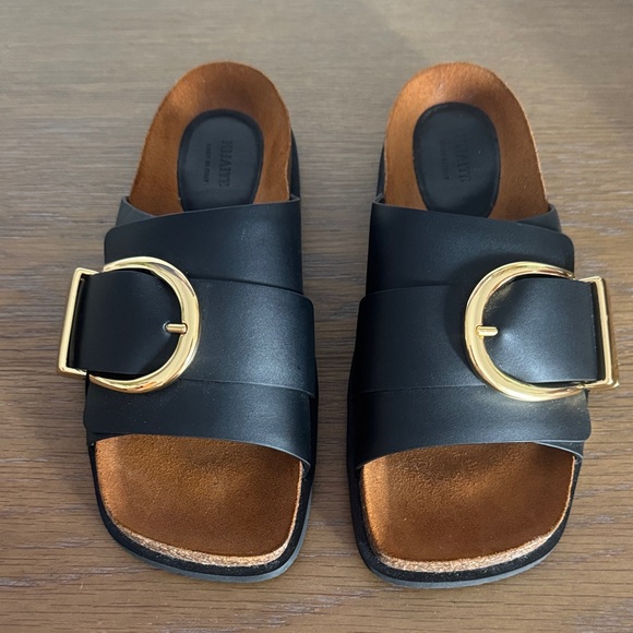 KHAITE Shoes - New Khaite Thompson Black Leather Slide Sandals with Gold Buckle